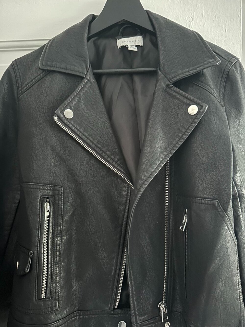 Topshop Black Leather Biker Moto Jacket Silver Hardware US 6